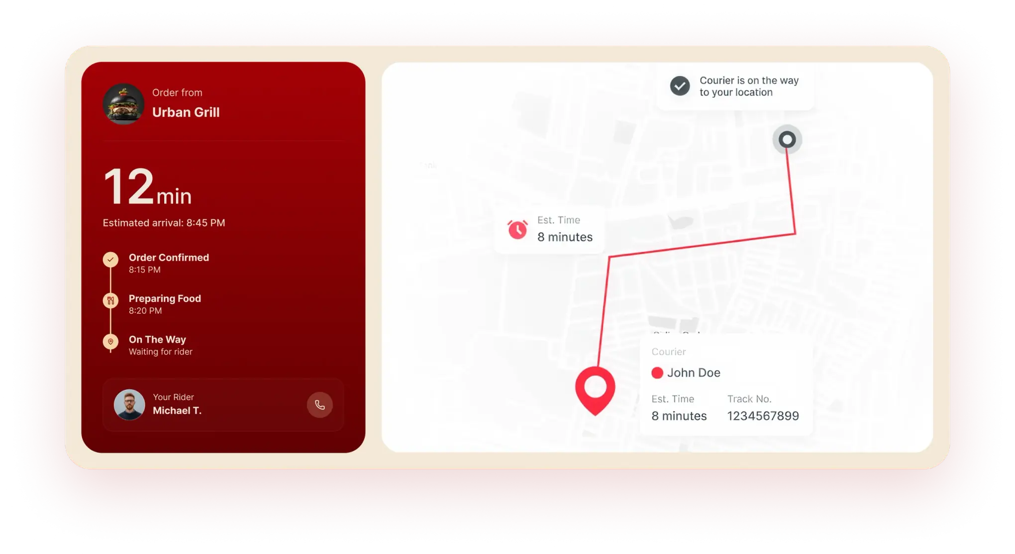 MealApp live rider tracking: the order card and a live map showing the rider's position.
